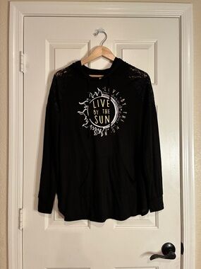Girls' Black 'Live By The Sun' Hooded Sweatshirt with Lace Shoulders